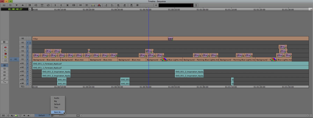 Timeline with Timeline Views presets menu in Avid Media Composer