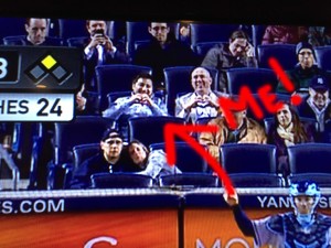 Me at the Yankees game on Monday giving a heart symbol to my wife watching from Virginia.