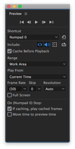 Preview Panel in After Effects for Playing a Composition in AE CC 2017