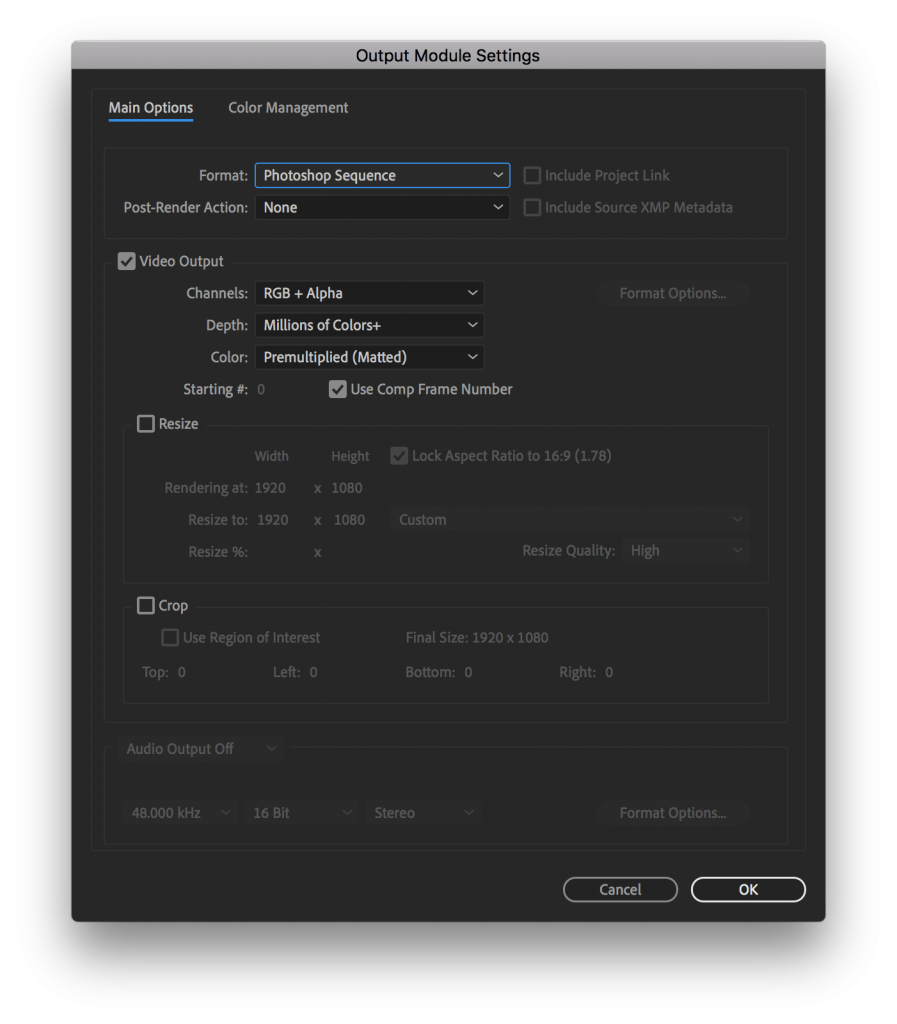 Settings to Export PSD Sequence in After Effects