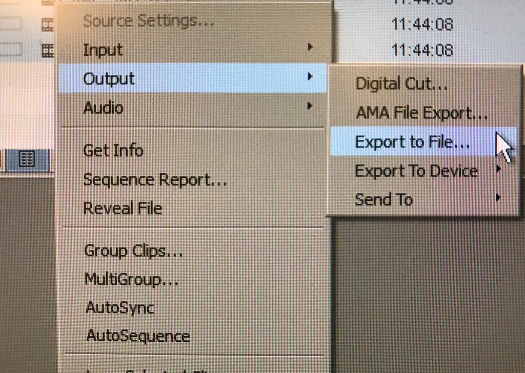 Export to File... Menu in Avid Media Composer