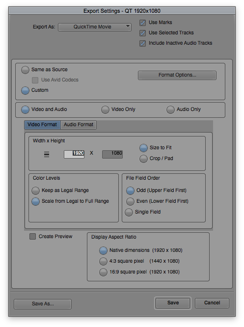 QuickTime Movie Export Settings in Avid Media Composer