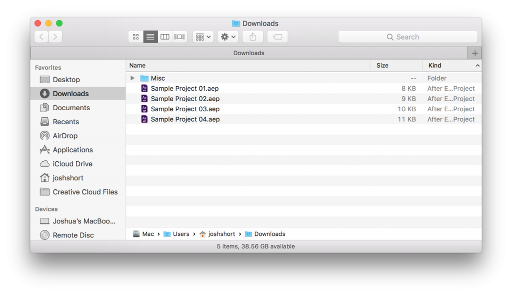 Finder folder showing Increment and Save of After Effects projects