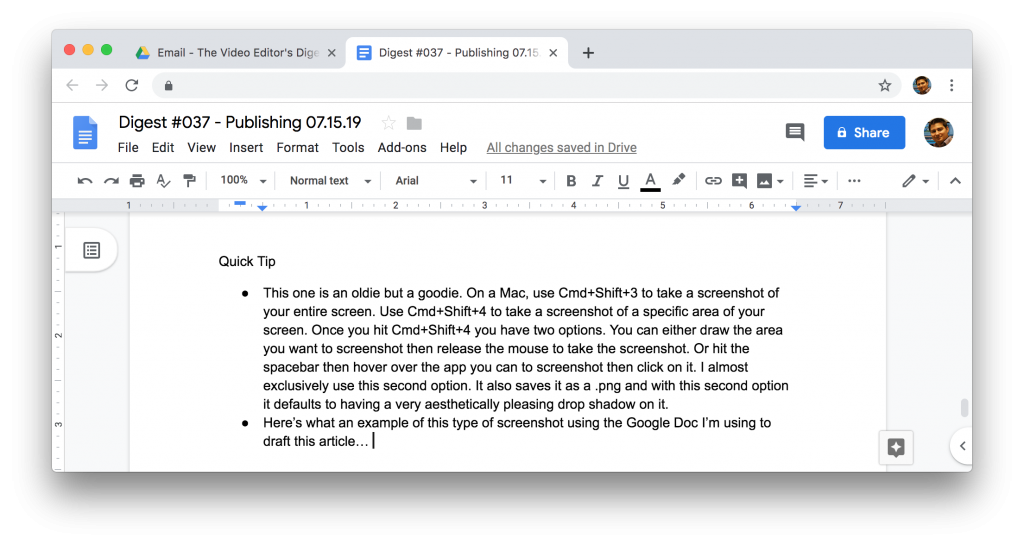 screenshot of Google Doc using Mac shortcut for taking screenshot