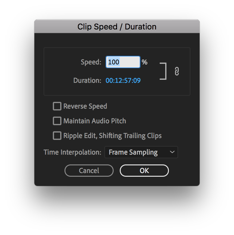 Clip Speed / Duration box in Adobe Premiere Pro 2019