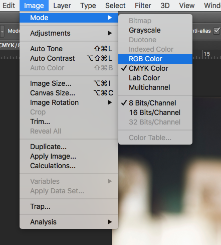 Menu in Photoshop to show how to change a file to RBG Color from CMKY Color