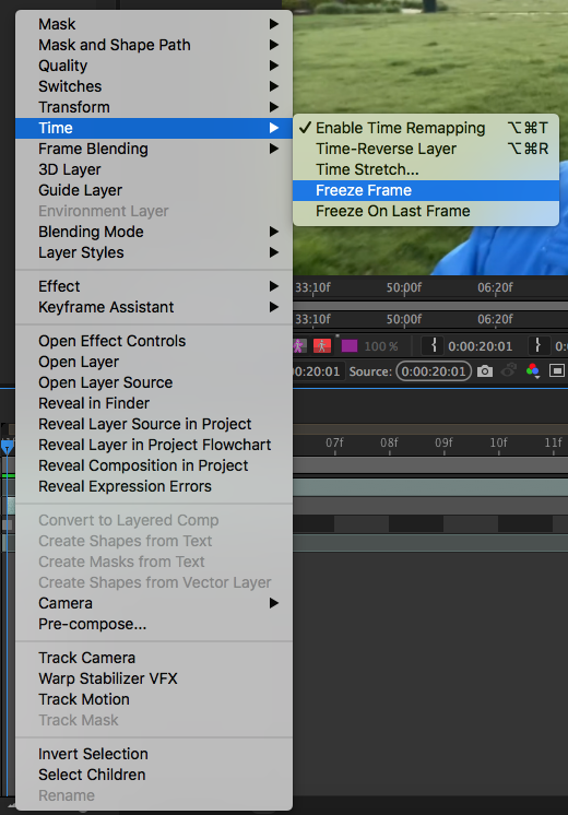 Freeze Frame Menu in After Effects