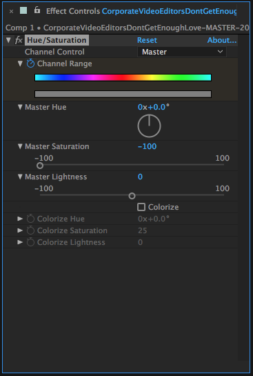Hue/Saturation Effect Controls in After Effects to Make Clip Black and White