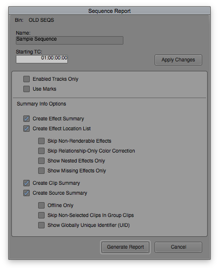 Sequence Report in Avid Media Composer to Change Sequence Timecode