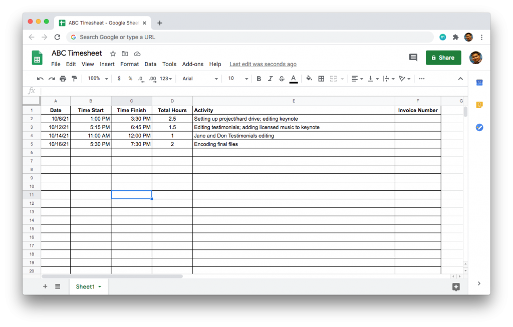 Sample Timesheet for a Video Editing Project