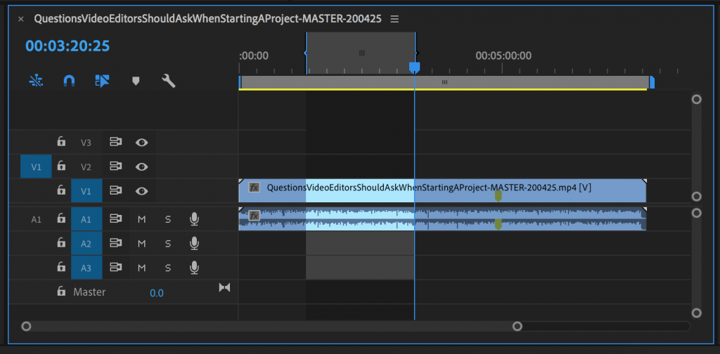 Premiere Pro Timeline with In and Out Points set for Exporting
