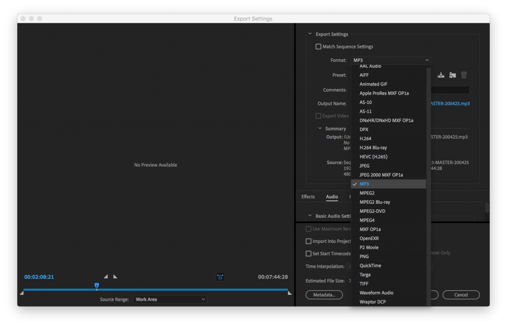 Export Settings in Premiere Pro showing the Format Dropdown so you can select MP3