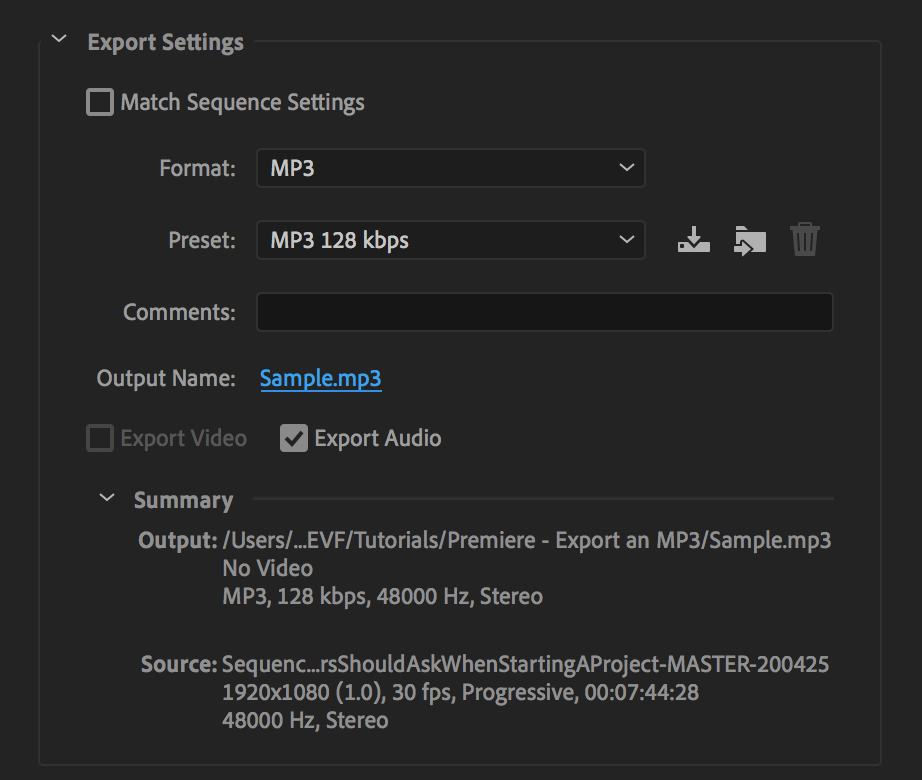 Export Settings After Changing Output Name