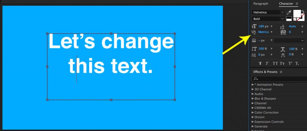 Character Panel in After Effects with Arrow pointing to property to change space between two characters