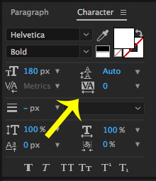 Character Panel with Arrow at Property to Change Space Between Letters in After Effects
