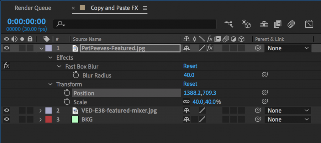 After Effects Timeline Showing Modified Properties to Copy