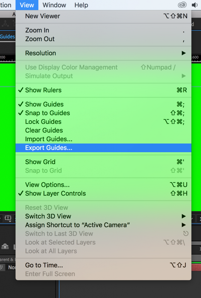 View menu in After Effects to show where Export Guides is