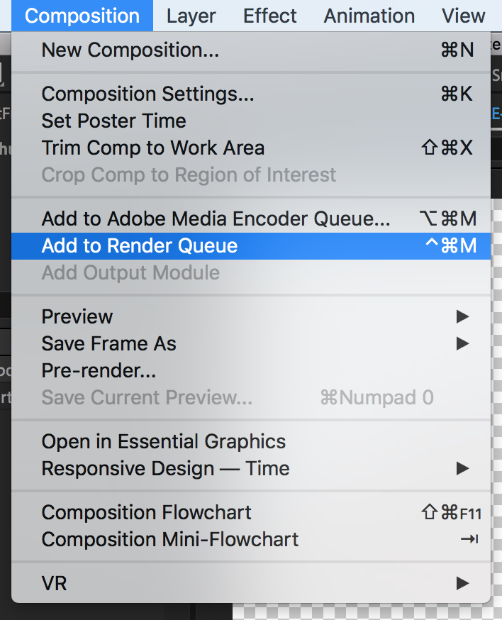 After Effects Composition menu with Add to Render Queue highlighted