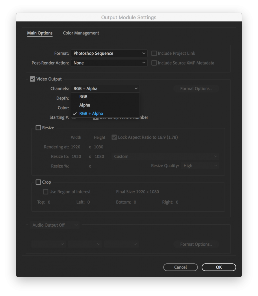 Channels dropdown to decide if you want an alpha channel on your image file