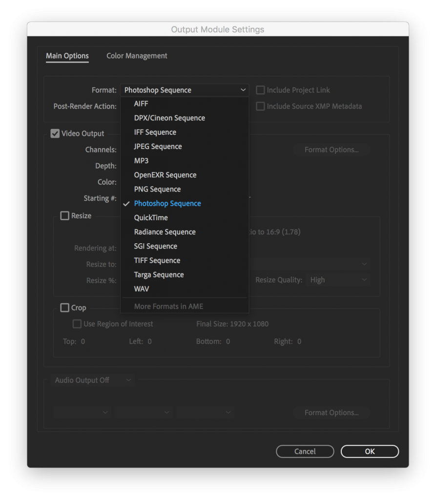 Output Module Settings for Exporting a Frame out of After Effects
