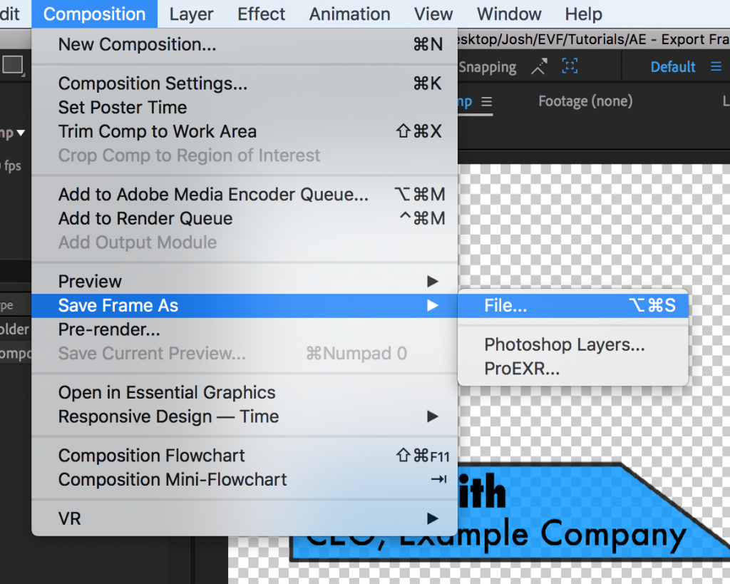 Composition Menu in After Effects with Save Frame As and File... selected