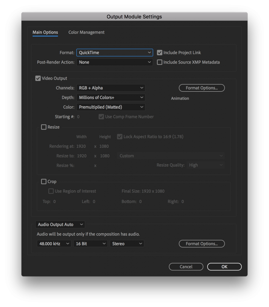 Output Module Settings in After Effects with QuickTime selected as the Format