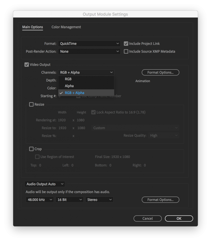 Output Module Settings for a QuickTime movie with an Alpha Channel in After Effects