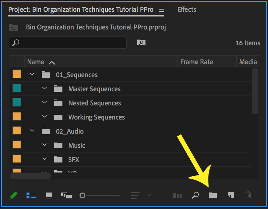 Project Panel in Premiere Pro with arrow pointing to New Bin icon