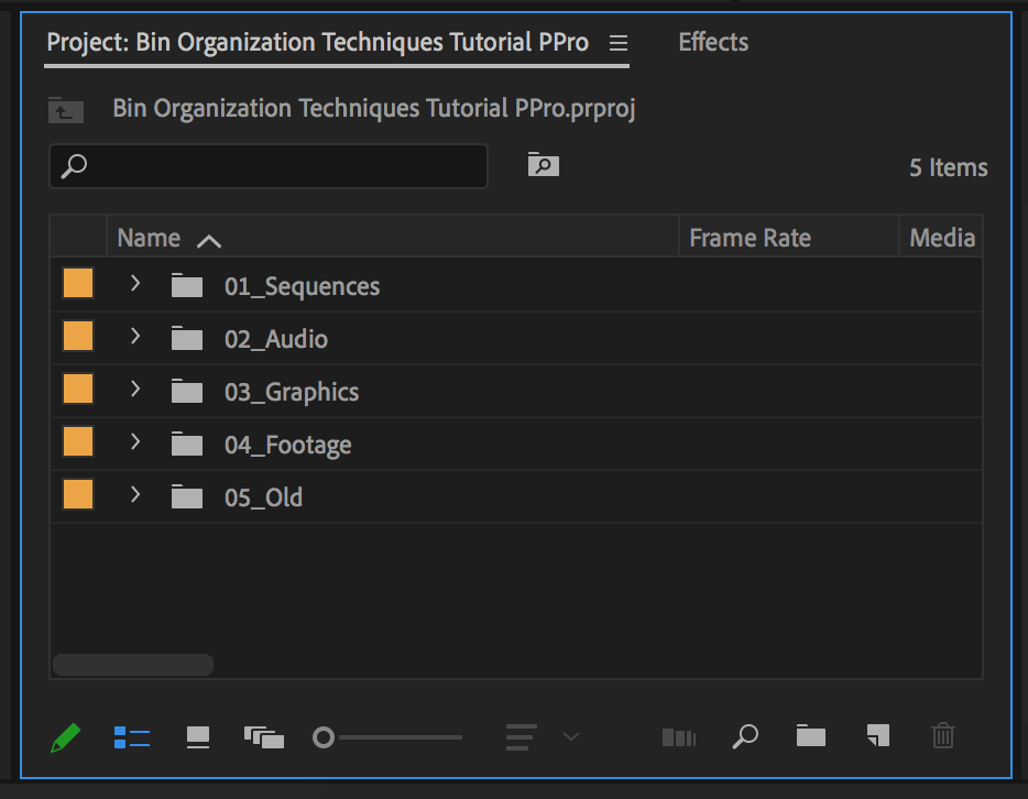 Project Panel in Premiere Pro showing my Main Bins