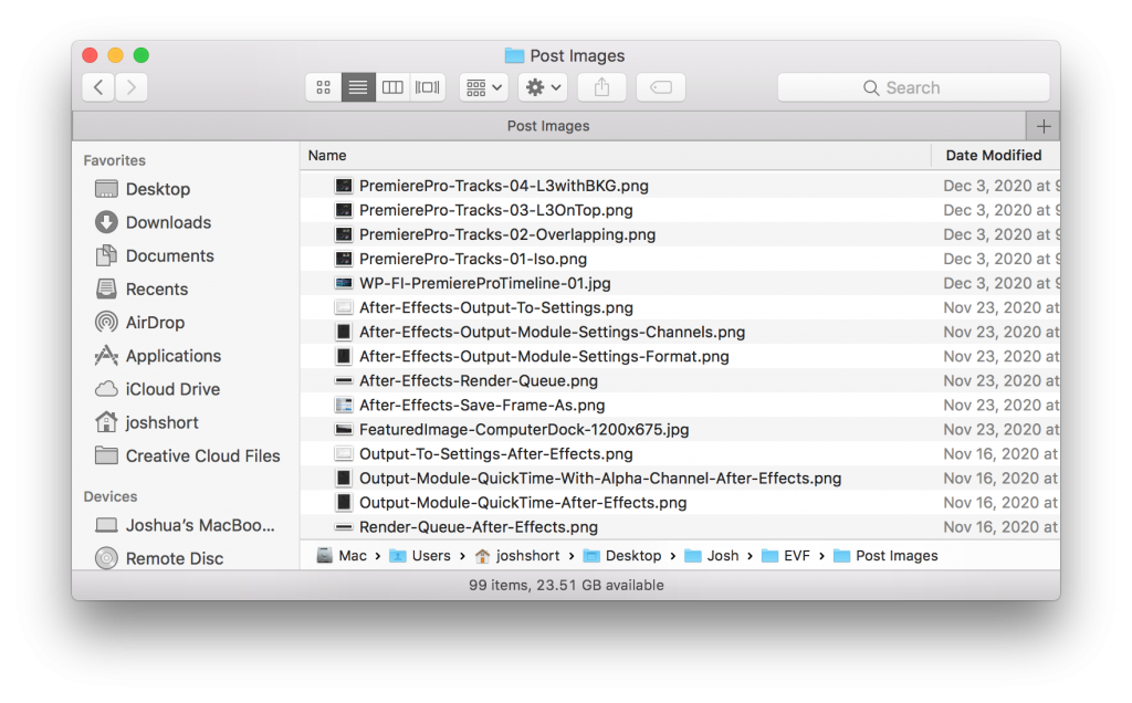 Finder window in Mac OS with images a video editor may use