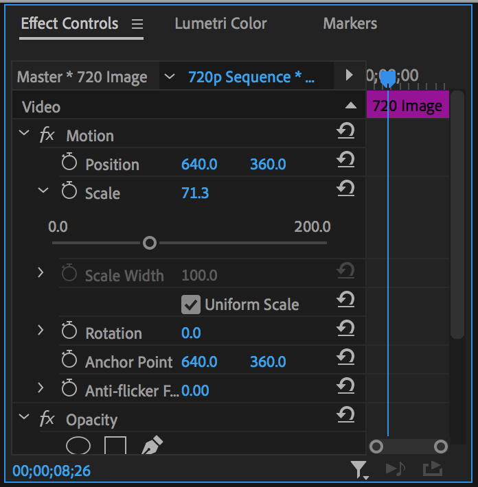 Scale property with slider open in Premiere Pro