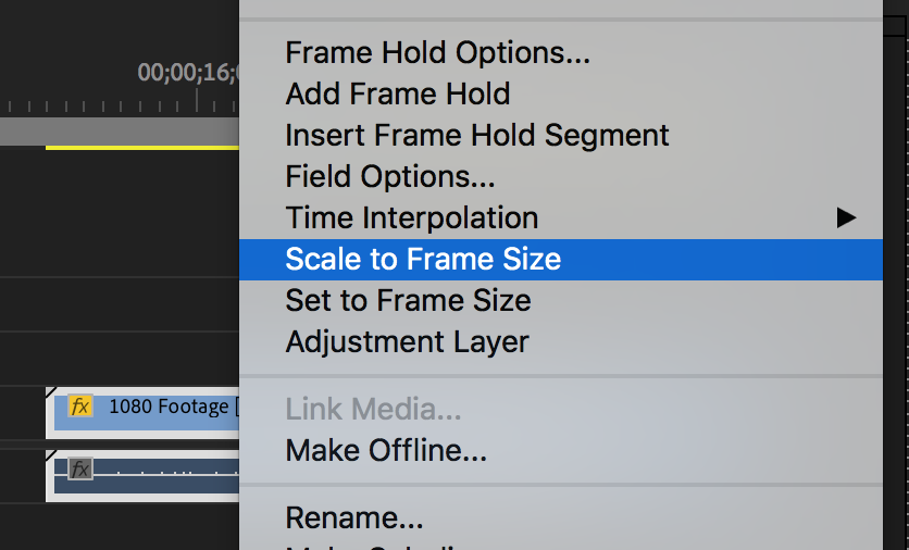 Clip menu in Premiere Pro with Scale to Frame Size highlighted