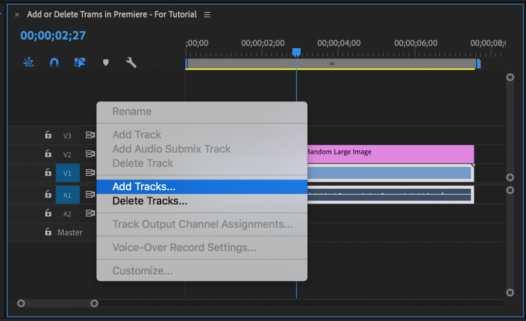 Menu with Add Tracks highlighted that appears in Premiere Pro after right-clicking blank area of timeline