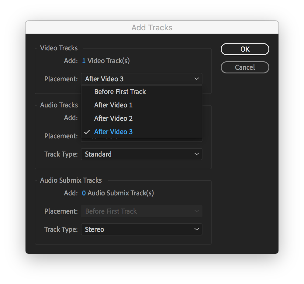 Add Tracks Box in Premiere Pro with Placement dropdown menu open