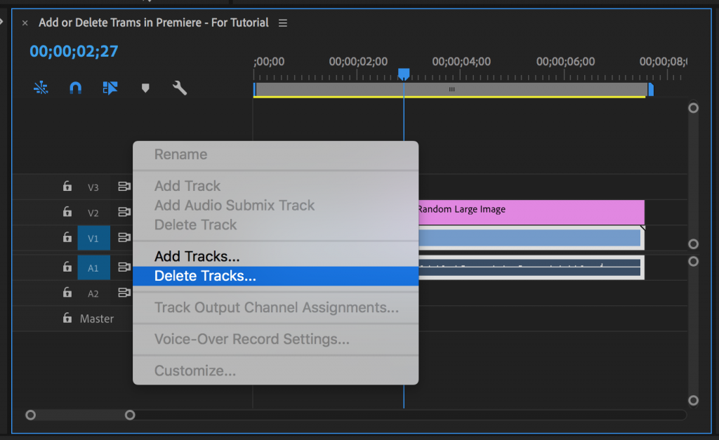 Menu with Delete Tracks... highlighted that appears in Premiere Pro after right-clicking blank area of timeline