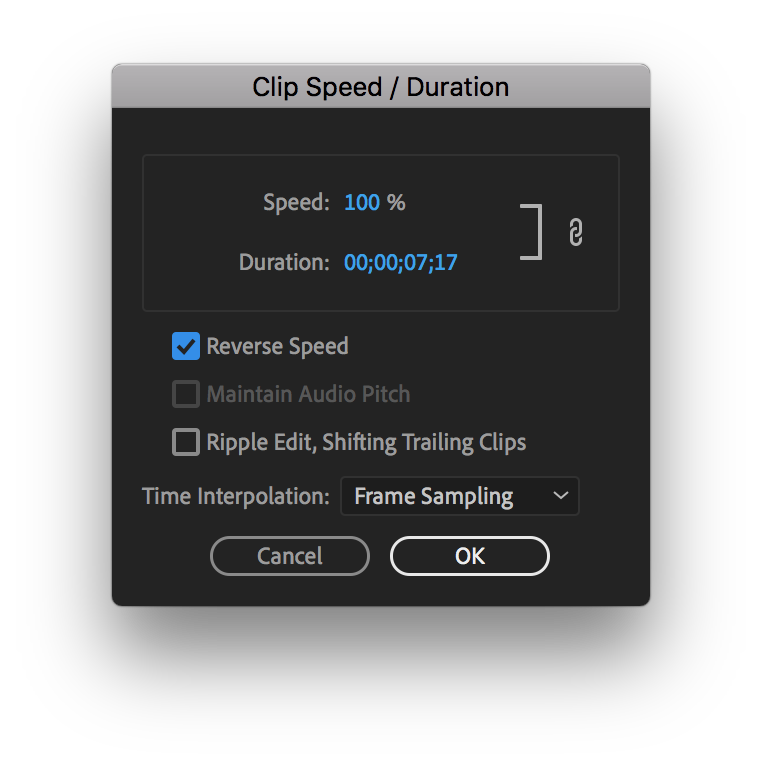 Using the Speed/Duration Tool to play a video backwards in Premiere Pro