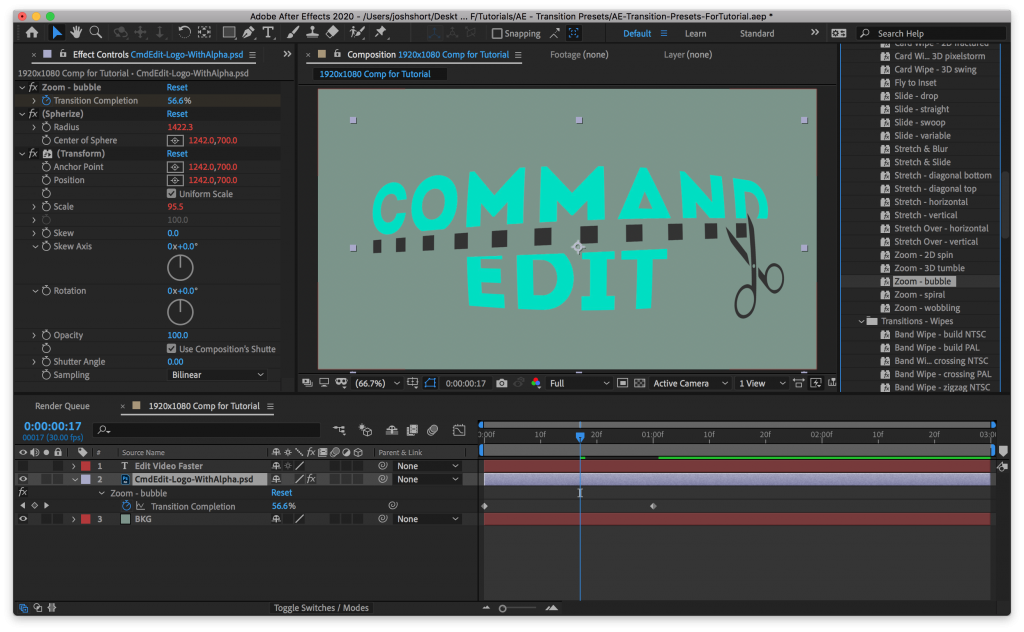 Transition applied to layer using After Effects Animation Presets Transitions