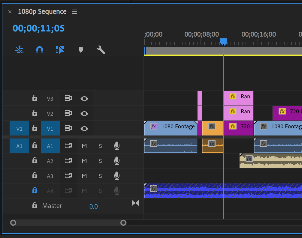 Timeline panel in Premiere Pro with a clip insert edited into it