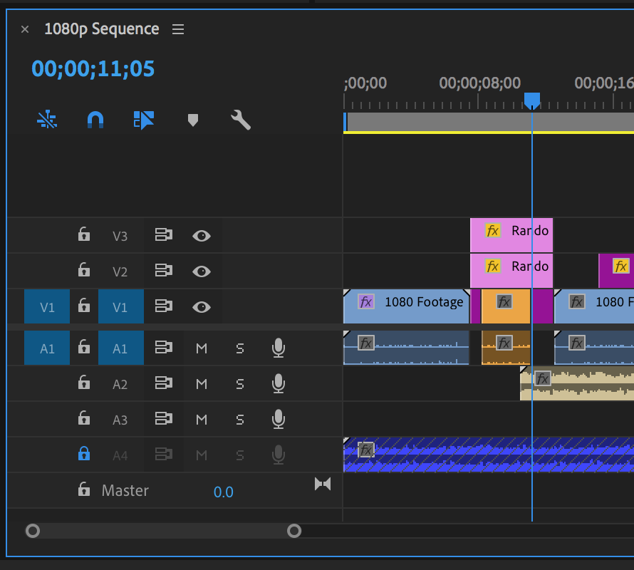Timeline panel in Premiere Pro with a clip overwrite edited into it