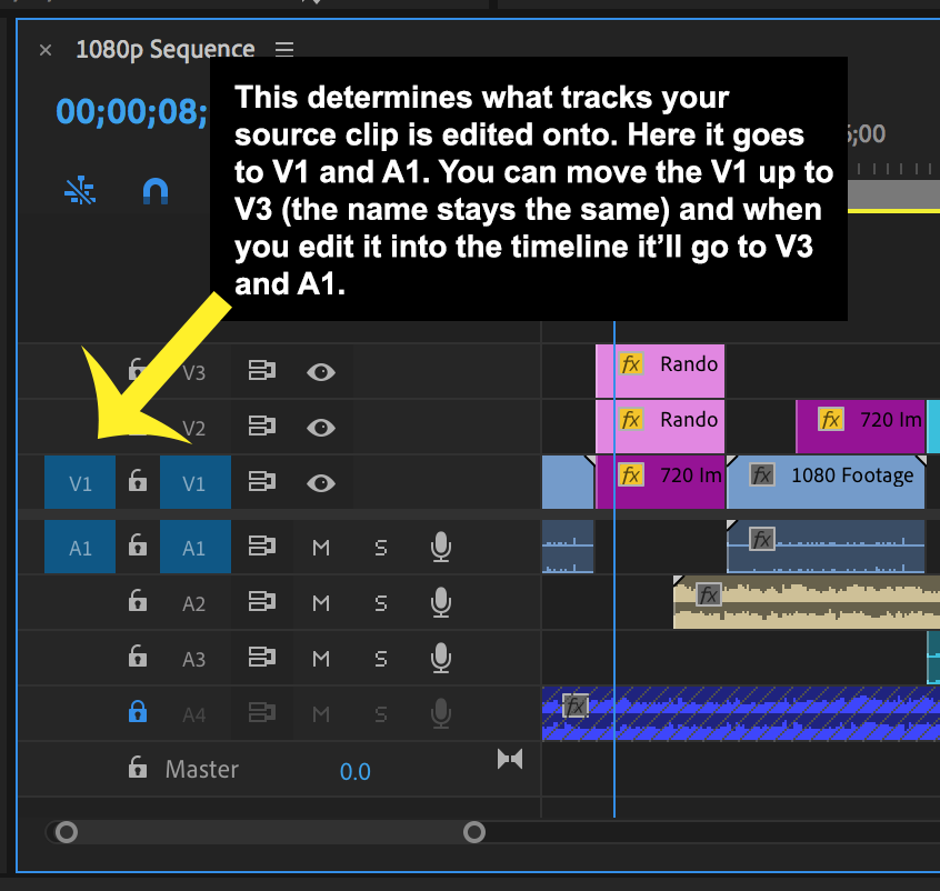 Timeline in Premiere Pro showing how to patch tracks to perform an edit