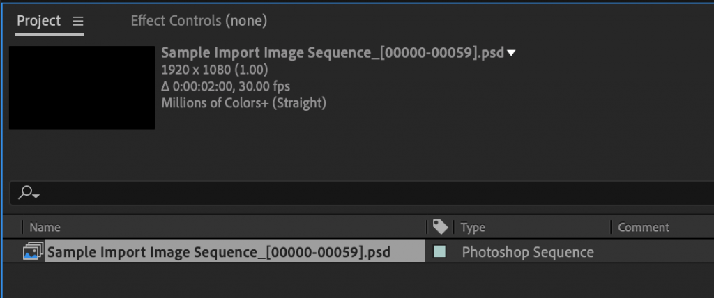 After Effects Project Panel with Image Sequence selected