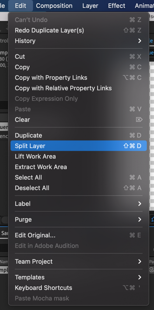 After Effects Edit Menu with Split Layer selected