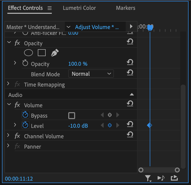Premiere Pro CC Effect Controls Panel to change Volume