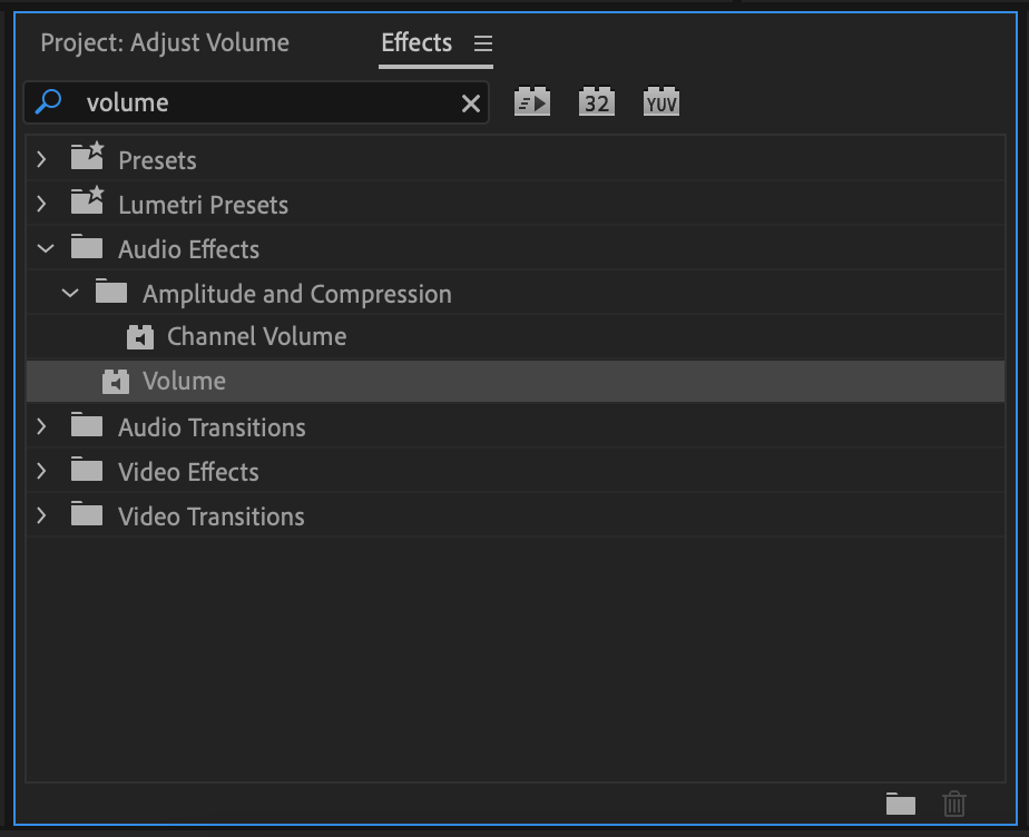 Volume Effect selected in Premiere Pro CC Effects Panel