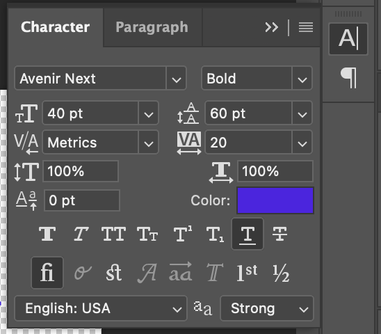 Character Panel in Photoshop to show which icon to use to make an underline