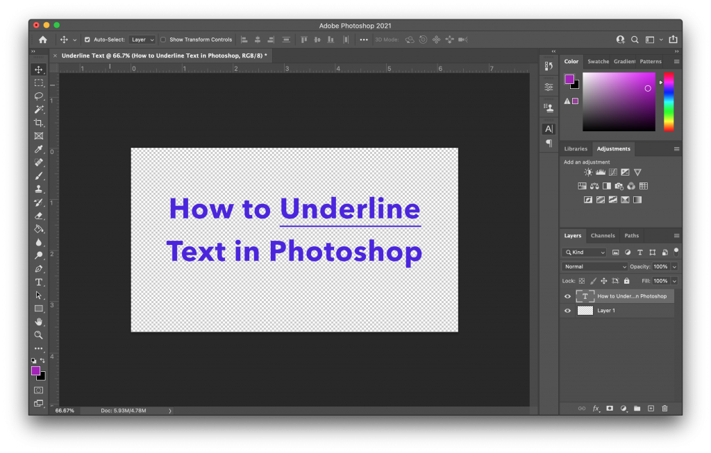 Photoshop with a word in a text layer underlined