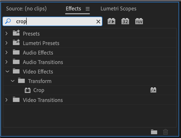 Effects Panel in Premiere Pro with crop typed into the search field