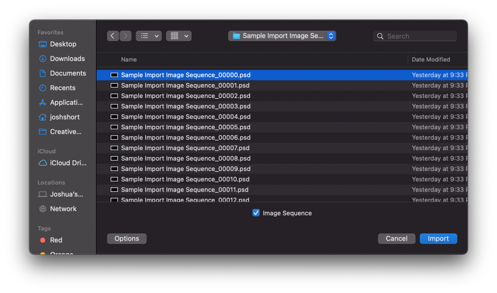 Import window in Premiere Pro to import an image sequence