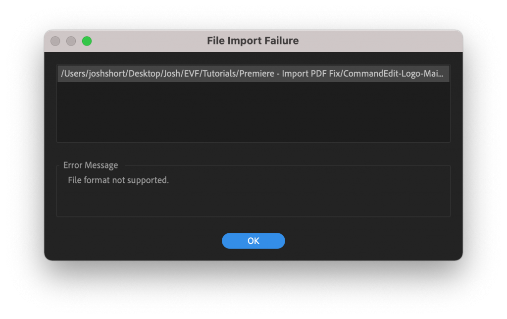 File Import Failure box in Premiere Pro when a PDF is imported
