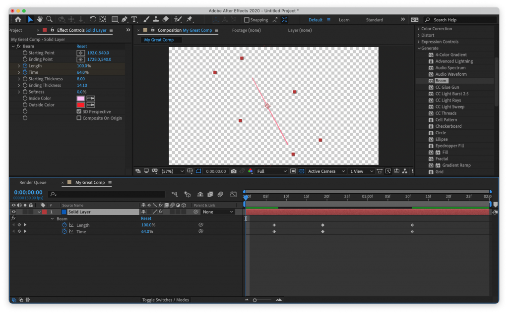After Effects with layer showing keyframe so it can be edited